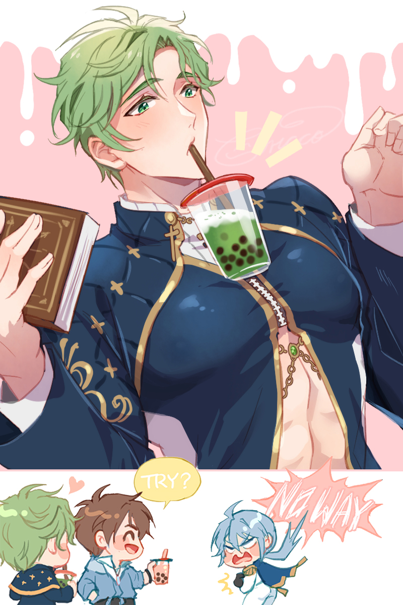 3boys, blue_hair, chibi, drink, drinking_straw, edmond_(nu_carnival), eiden_(nu_carnival), green_eyes