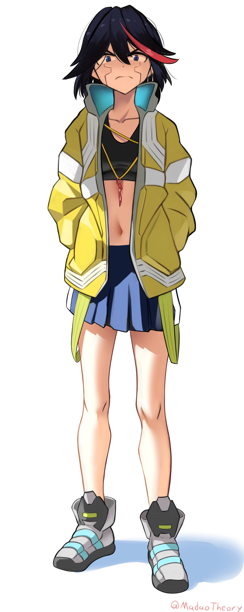 1girl, absurdres, black_hair, blue_eyes, collared_shirt, cosplay, cyberpunk_(series), cyberpunk:_edgerunners, david_martinez_(cosplay), female_focus, full_body, hair_between_eyes, highres, jacket, jewelry, kill_la_kill, looking_at_viewer, madaotheory, matoi_ryuuko, midriff, multicolored_hair, necklace, pleated_skirt, red_hair, shirt, shoes, short_hair, simple_background, skirt, sneakers, solo, standing, stomach, streaked_hair, two-tone_hair, white_background, yellow_jacket