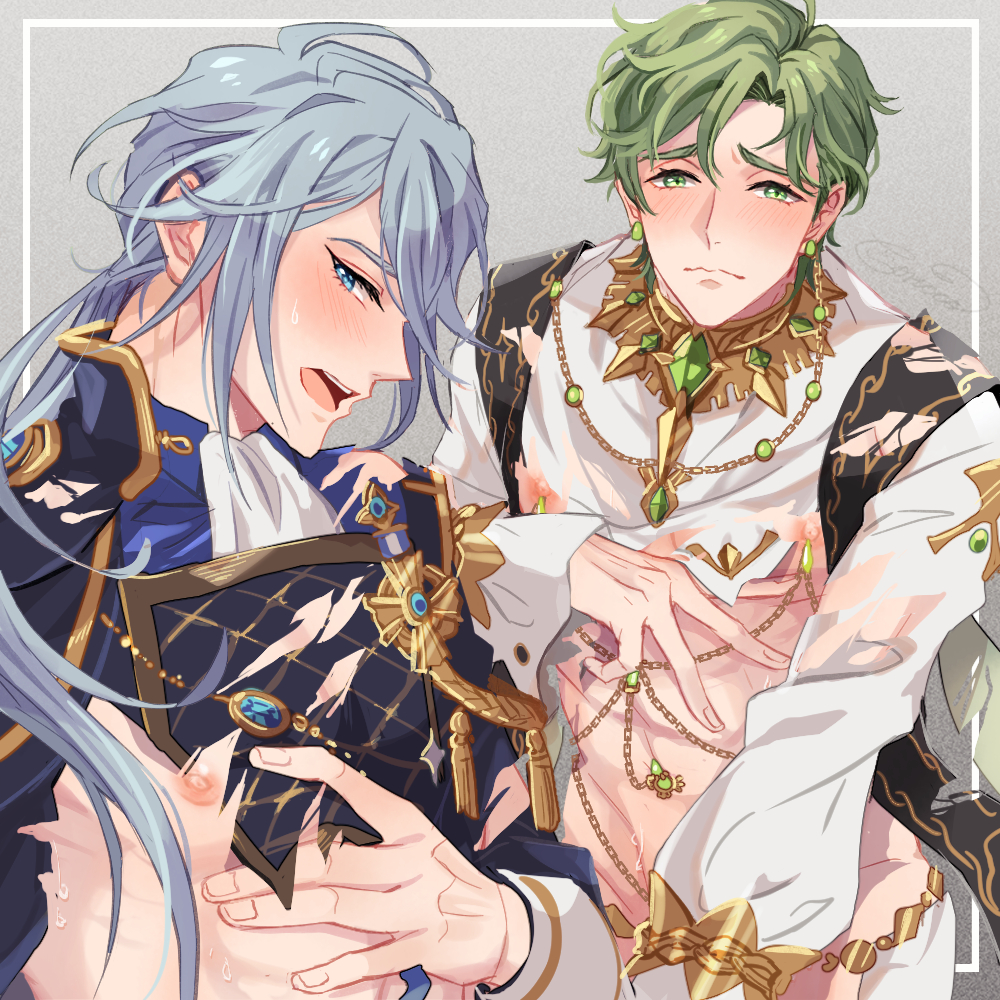 2boys, blue_eyes, blue_hair, edmond_(nu_carnival), green_eyes, green_hair, light_blue_hair, long_hair
