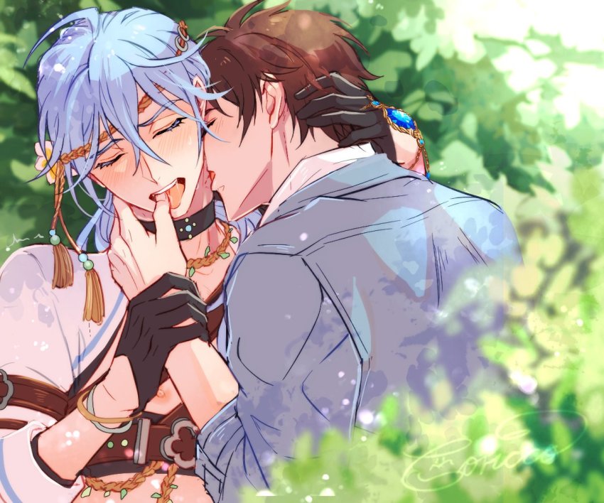 2boys, alternate_costume, bite_mark, biting, black_gloves, blue_gem, blue_hair, blush, brown_hair, closed_eyes, edmond_(nu_carnival), eiden_(nu_carnival), gem, gloves, hand_on_another's_head, hat_tassel, holding_another's_arm, light_blue_hair, long_hair, low_ponytail, male_focus, mobugorilla, multiple_boys, nu_carnival, ponytail, yaoi