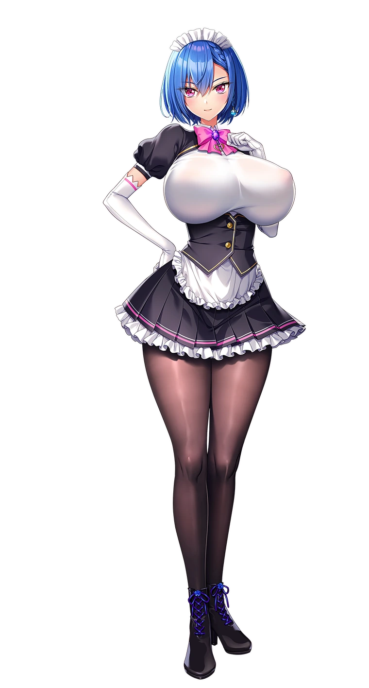 akagi_rio, apron, blue_hair, boots, breasts, earrings, gloves, high_heel_boots, high_heels, highres, huge_breasts, jewelry, kriemhild_valhanna, maid, maid_apron, maid_headdress, motto!_haramase!_(series), motto!_haramase!_honoo_no_oppai_isekai_oppai_maid_gakuen!, pantyhose, parody, pink_eyes, short_hair, skirt, transparent_background
