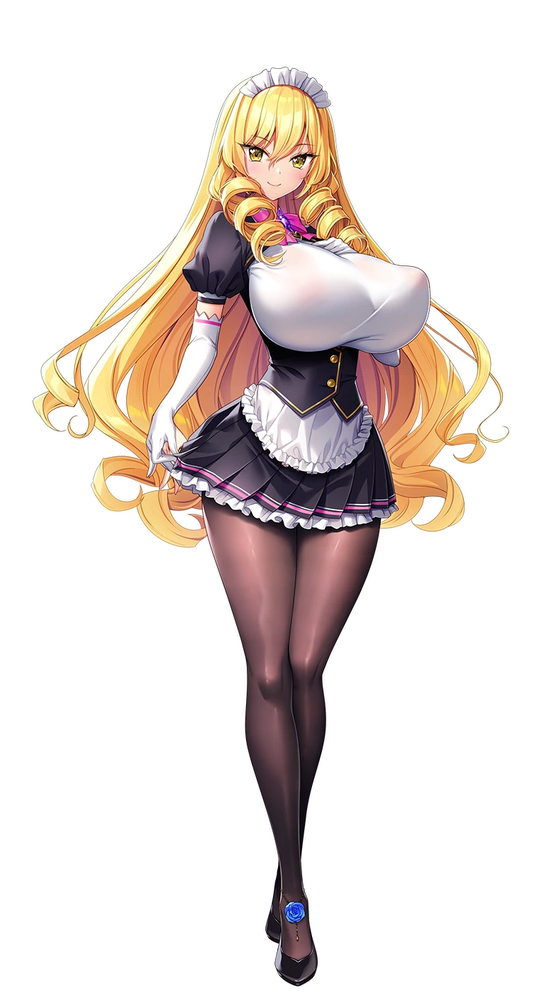 akagi_rio, apron, blonde_hair, breasts, clothes_lift, drill_hair, gloves, high_heels, highres, huge_breasts, long_hair, maid, maid_apron, maid_headdress, makina_le_blanchette, motto!_haramase!_(series), motto!_haramase!_honoo_no_oppai_isekai_oppai_maid_gakuen!, ojou-sama, pantyhose, ringlets, skirt, skirt_lift, transparent_background, wavy_hair, yellow_eyes