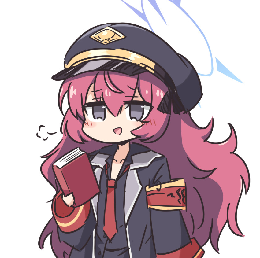 1girl, :d, armband, black_hat, black_jacket, black_shirt, blue_archive, blush_stickers