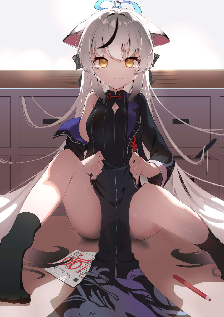 1girl, absurdres, animal_ears, black_dress, black_jacket, blue_archive, blush, breasts