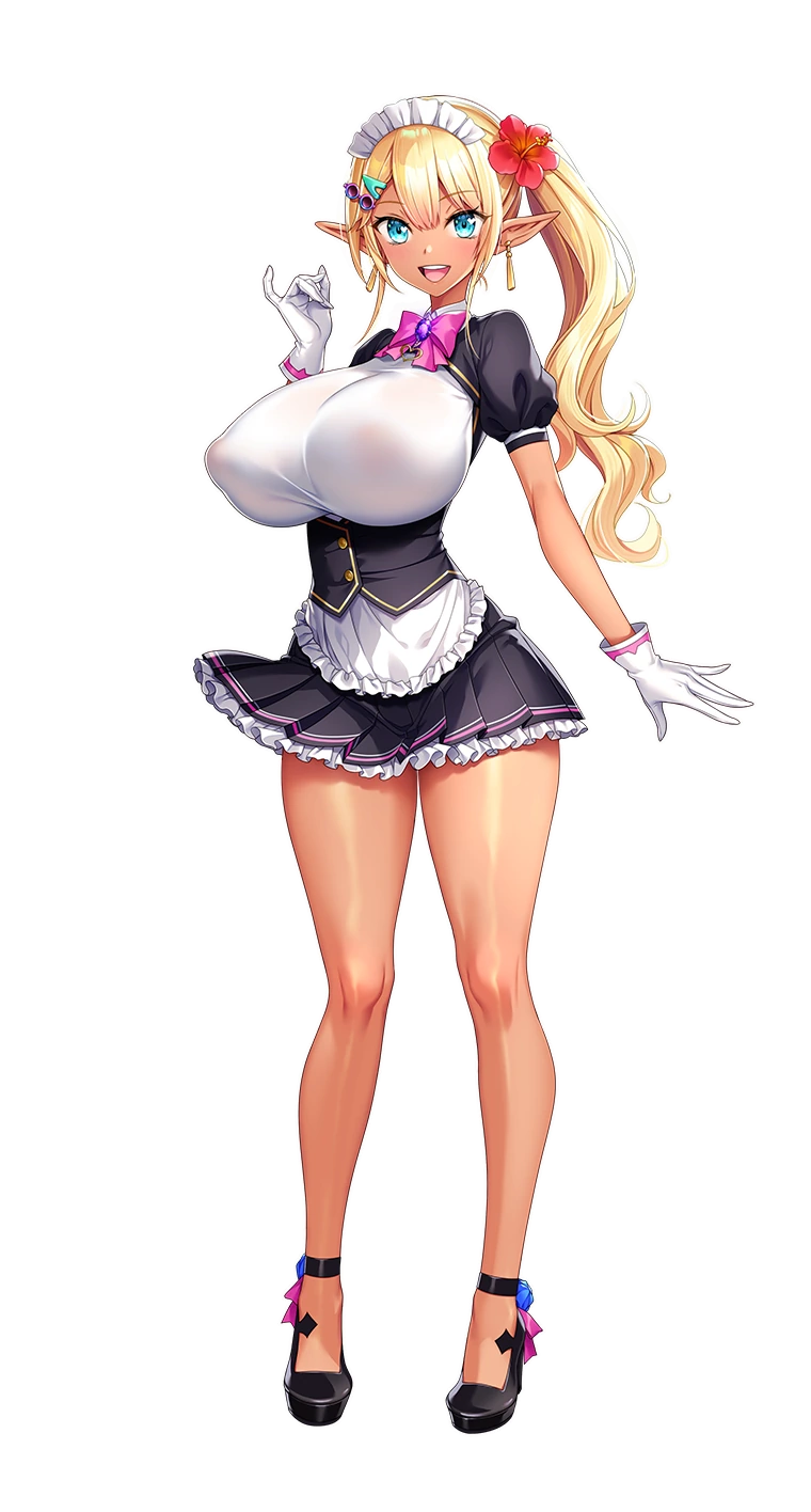 akagi_rio, apron, blonde_hair, blue_eyes, breasts, dark, earrings, elf, flower, gloves, gyaru, hair_flower, hair_ornament, hairpin, highres, huge_breasts, jewelry, look-alike, maid, maid_apron, maid_headdress, motto!_haramase!_(series), motto!_haramase!_honoo_no_oppai_isekai_oppai_maid_gakuen!, myunmyun_lafleur, no_socks, parody, pointy_ears, ponytail, transparent_background