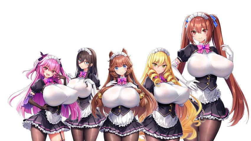 akagi_rio, anastasia_mysterante, apron, breasts, drill_hair, eibel_haurisia, highres, huge_breasts, lixual_hellmare, long_hair, maid, maid_apron, maid_headdress, makina_le_blanchette, motto!_haramase!_(series), motto!_haramase!_honoo_no_oppai_isekai_oppai_maid_gakuen!, myoudou_mei, ojou-sama, pantyhose, transparent_background, twintails