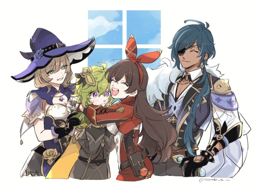 1boy, 3girls, amber_(genshin_impact), black_gloves, bow, brown_hair, collei_(genshin_impact), genshin_impact