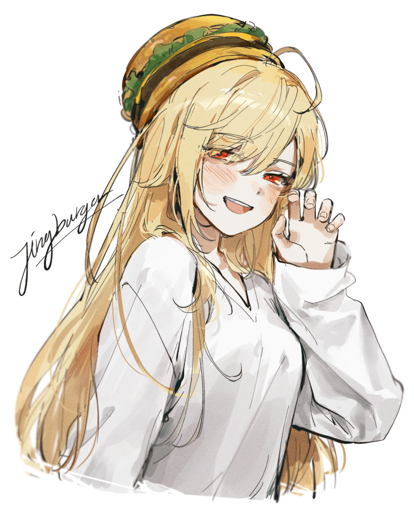 1girl, artist_name, blonde_hair, blush, burger, claw_pose, food, hat, highres, isegye_idol, jingburger, long_hair, long_sleeves, looking_at_viewer, open_mouth, red_eyes, school_uniform, shirt, smile, solo, teeth, upper_body, upper_teeth_only, virtual_youtuber, white_background, white_shirt, ye_jji