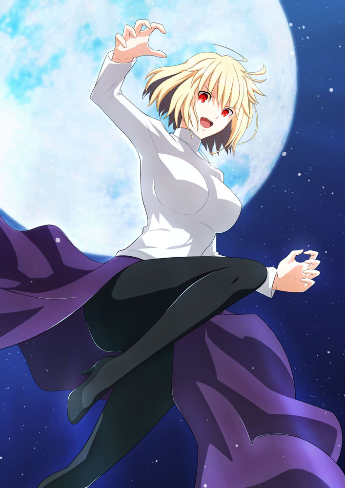 1girl, :d, antenna_hair, arcueid_brunestud, arm_up, black_footwear, black_pantyhose, blonde_hair, breasts, commentary_request, feet_out_of_frame, full_body, full_moon, high_heels, jewelry, karakuraax, knee_up, long_skirt, medium_hair, moon, necklace, night, open_mouth, pantyhose, purple_skirt, red_eyes, skirt, sky, smile, solo, star_(sky), starry_sky, sweater, teeth, tsukihime, tsukihime_(remake), turtleneck, turtleneck_sweater, upper_teeth_only, white_sweater