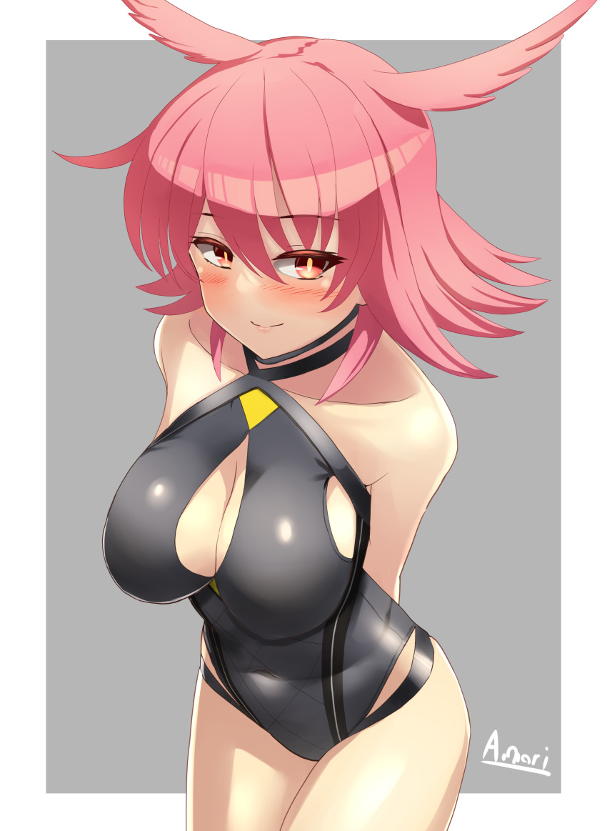 1girl, a.nori, absurdres, arms_behind_back, black_one-piece_swimsuit, blush, breasts, bright_pupils