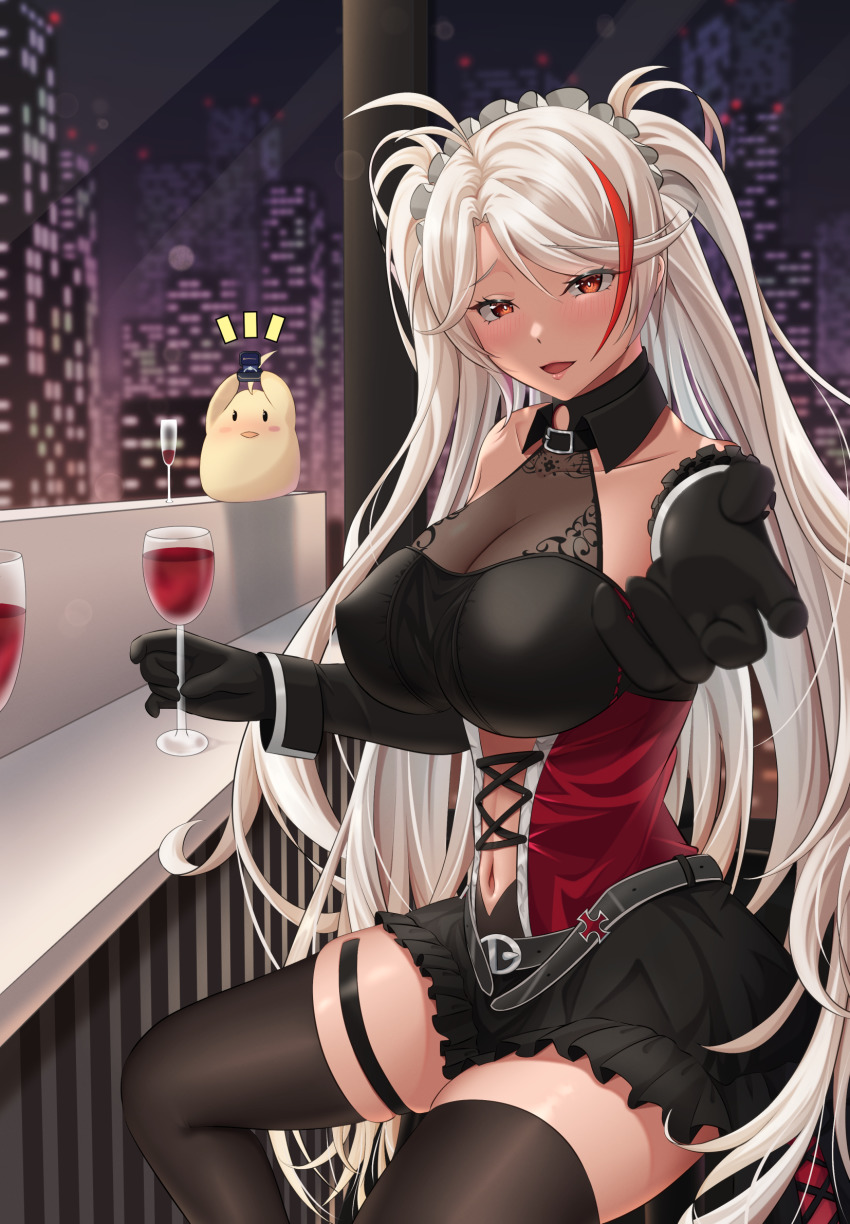 1girl, alcohol, azur_lane, black_dress, black_gloves, black_thighhighs, breasts, cityscape, clothing_cutout, covered_erect_nipples, cross, cup, dress, drinking_glass, elbow_gloves, from_side, gloves, highres, indoors, iron_cross, jewelry, looking_to_the_side, maid_headdress, manjuu_(azur_lane), meron_(mblalula), multicolored_hair, navel_cutout, night, official_alternate_costume, orange_eyes, outstretched_arm, prinz_eugen_(azur_lane), prinz_eugen_(kindred_evening_spirits)_(azur_lane), red_dress, red_hair, ring, see-through_clothes, see-through_dress, sleeveless, sleeveless_dress, solo, streaked_hair, thighhighs, two-tone_dress, two-tone_hair, wedding_ring, white_hair, wine, wine_glass