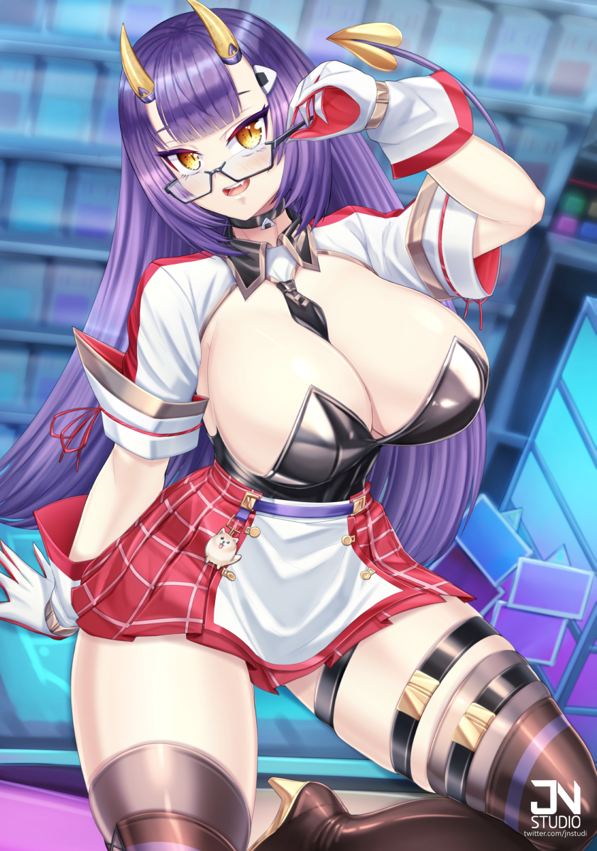 1girl, artist_name, between_breasts, boots, breasts, choker, demon_tail, fang