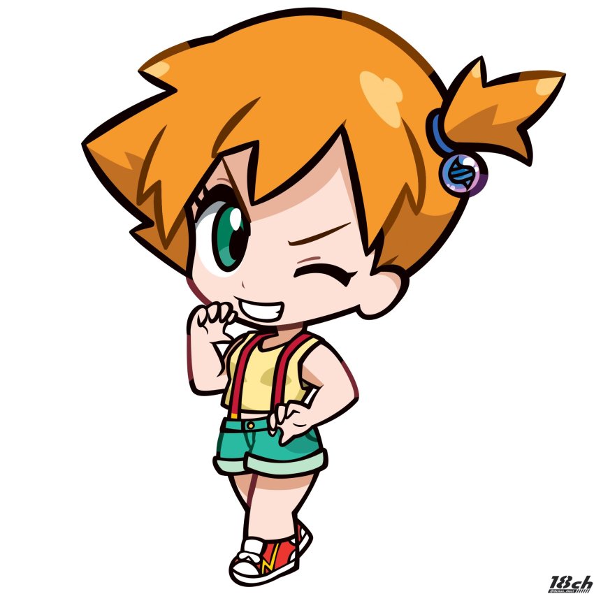 18ch, 1girl, bare_legs, bare_shoulders, denim, denim_shorts, green_eyes, grey_background