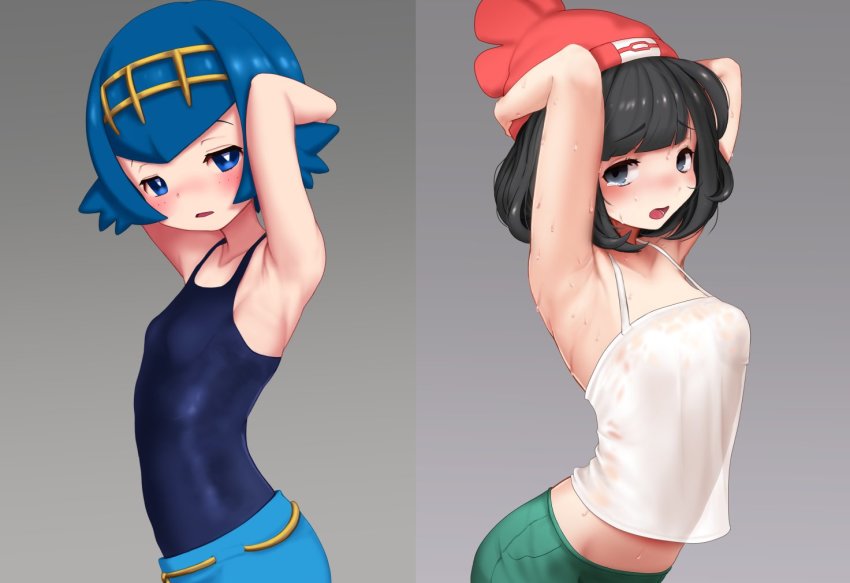 2girls, armpits, arms_behind_head, beanie, blue_eyes, blue_hair, blue_pants, blush, bright_pupils, commentary_request, freckles, green_shorts, gumakara, hairband, hat, lana_(pokemon), looking_at_viewer, lower_teeth_only, multiple_girls, nintendo, no_sclera, one-piece_swimsuit, open_mouth, pants, pokemon, pokemon_sun_and_moon, red_headwear, selene_(pokemon), shirt, short_hair, shorts, sweat, swimsuit, swimsuit_under_clothes, teeth, tongue, white_pupils, yellow_hairband