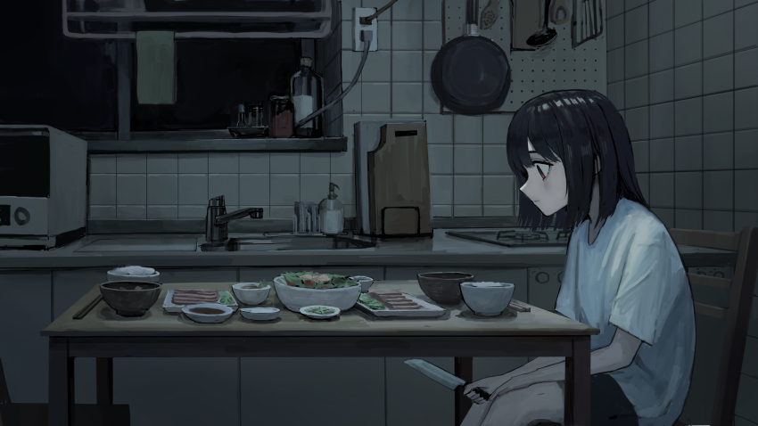 1girl, absurdres, black_hair, bottle, bowl, cable, chair, chopsticks, closed_mouth, counter, cutting_board, dark, electrical_outlet, expressionless, food, from_side, frying_pan, grey_skirt, highres, holding, holding_knife, hot_plate, indoors, kitchen, knife, looking_at_food, medium_hair, microwave, on_chair, original, plate, profile, red_eyes, rice_bowl, sakiika0513, salad, shirt, short_hair, short_sleeves, sink, sitting, skirt, soap_dispenser, solo, soup_ladle, sushi, table, white_shirt