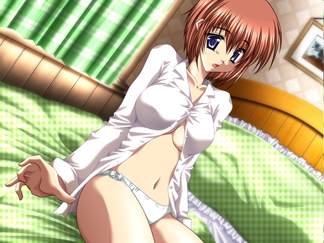 1girl, bed, blue_eyes, blush, bow, bow_panties, breasts, brown_hair