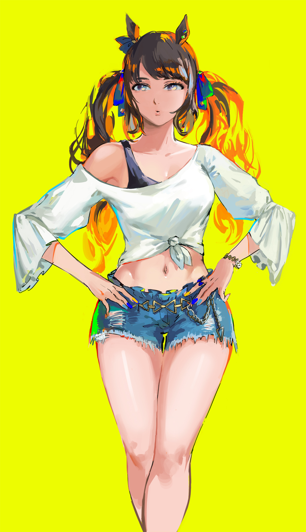 1girl, animal_ears, bracelet, breasts, brown_hair, collarbone, cutoffs, feet_out_of_frame