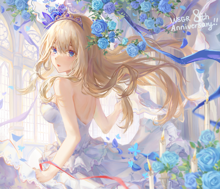 1girl, absurdres, blonde_hair, blue_eyes, blue_flower, breasts, candle, dress