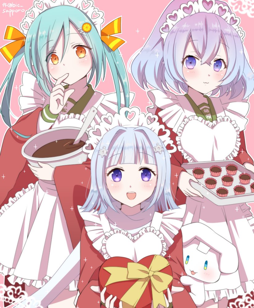 3girls, blue_hair, dress, hama-tan, maid, multiple_girls, red_dress, sagami-tan