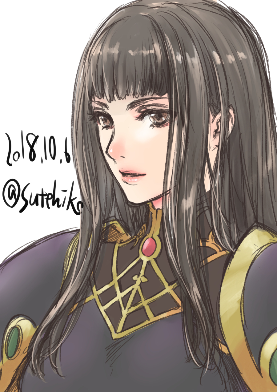 1girl, armor, armored_dress, black_armor, black_hair, breastplate, brown_eyes, dress