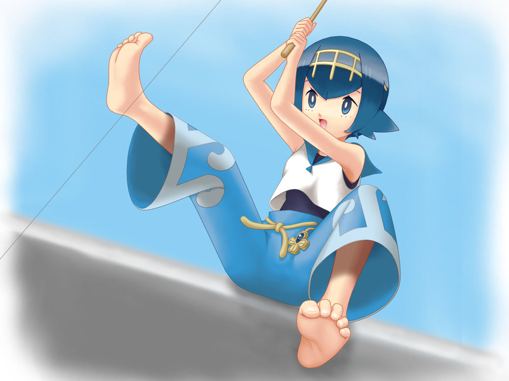 1girl, barefoot, blue_eyes, blue_hair, blue_pants, blue_sailor_collar, blush, bright_pupils, capri_pants, dive_ball, fishing_rod, hairband, holding, holding_fishing_rod, lana_(pokemon), nintendo, no_sclera, one-piece_swimsuit, open_mouth, pants, poke_ball, pokemon, pokemon_sun_and_moon, sailor_collar, shirt, sho_kazamori, short_hair, sleeveless, sleeveless_shirt, smile, soles, solo, swimsuit, swimsuit_under_clothes, third-party_edit, toes, wave_print, white_background, white_pupils, white_shirt, yellow_hairband