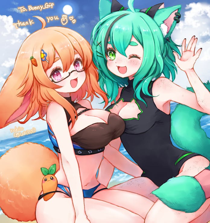 2girls, ahoge, animal_ear_fluff, animal_ears, arm_support, bare_shoulders, blush, bonnie_(bunny_gif), breasts, carrot, cat_cutout, cleavage, clothing_cutout, cloud, cloudy_sky, commission, dot_nose, feet_out_of_frame, glasses, green_eyes, green_hair, hair_between_eyes, hair_ornament, hairclip, horizon, indie_virtual_youtuber, looking_at_viewer, momo_(vtuber), momo_mischief, multiple_girls, navel, open_mouth, orange_hair, pink_eyes, rabio_(labi555), semi-rimless_eyewear, skeb_commission, sky, sleeveless, smile, tail, tareme, thick_eyebrows, under-rim_eyewear, virtual_youtuber, water