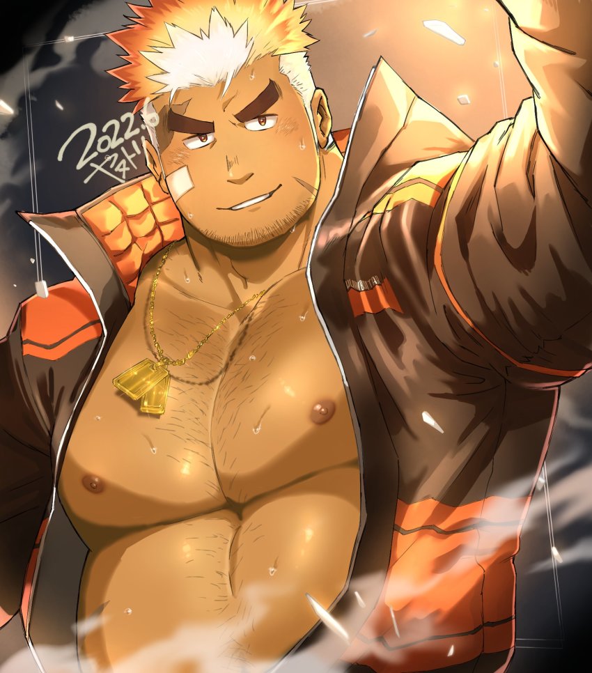 1boy, arm_up, bandaid, bandaid_on_cheek, bandaid_on_face, bara, bare_pectorals, black_jacket