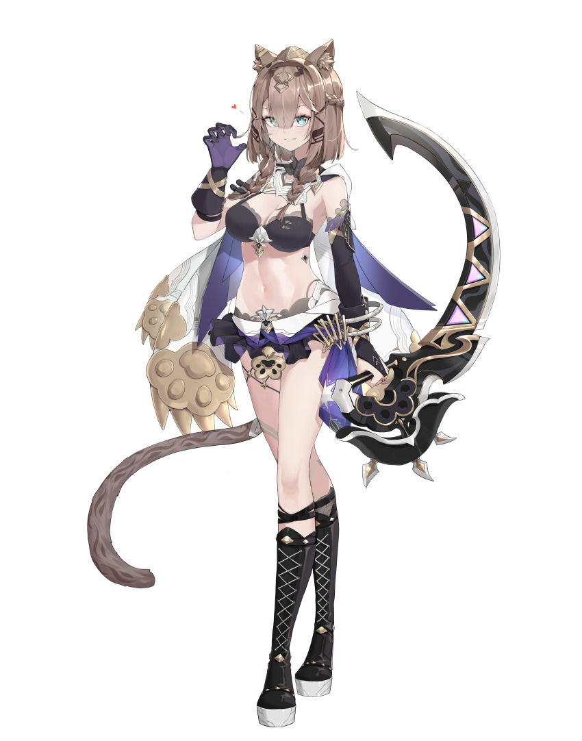 1girl, absurdres, animal_ear_fluff, animal_ears, black_boots, black_bra, black_gloves, boots, bra, braid, breasts, bridal_gauntlets, brown_hair, cape, cat_ears, cat_girl, cat_tail, claw_pose, cleavage, closed_mouth, fang, full_body, gloves, green_eyes, hairband, hand_up, heart, highres, holding, holding_weapon, honkai_(series), honkai_impact_3rd, lace-up_boots, lingyu_ovo, long_hair, looking_at_viewer, low_twin_braids, microskirt, navel, pardofelis, platform_boots, platform_footwear, simple_background, single_bridal_gauntlet, single_glove, skin_fang, skirt, solo, standing, tail, twin_braids, underwear, weapon, white_background