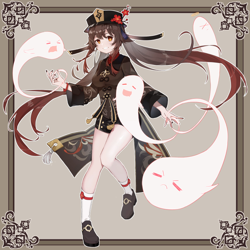 1girl, absurdres, black_hat, black_nails, black_shorts, boo_tao_(genshin_impact), bracelet, breasts