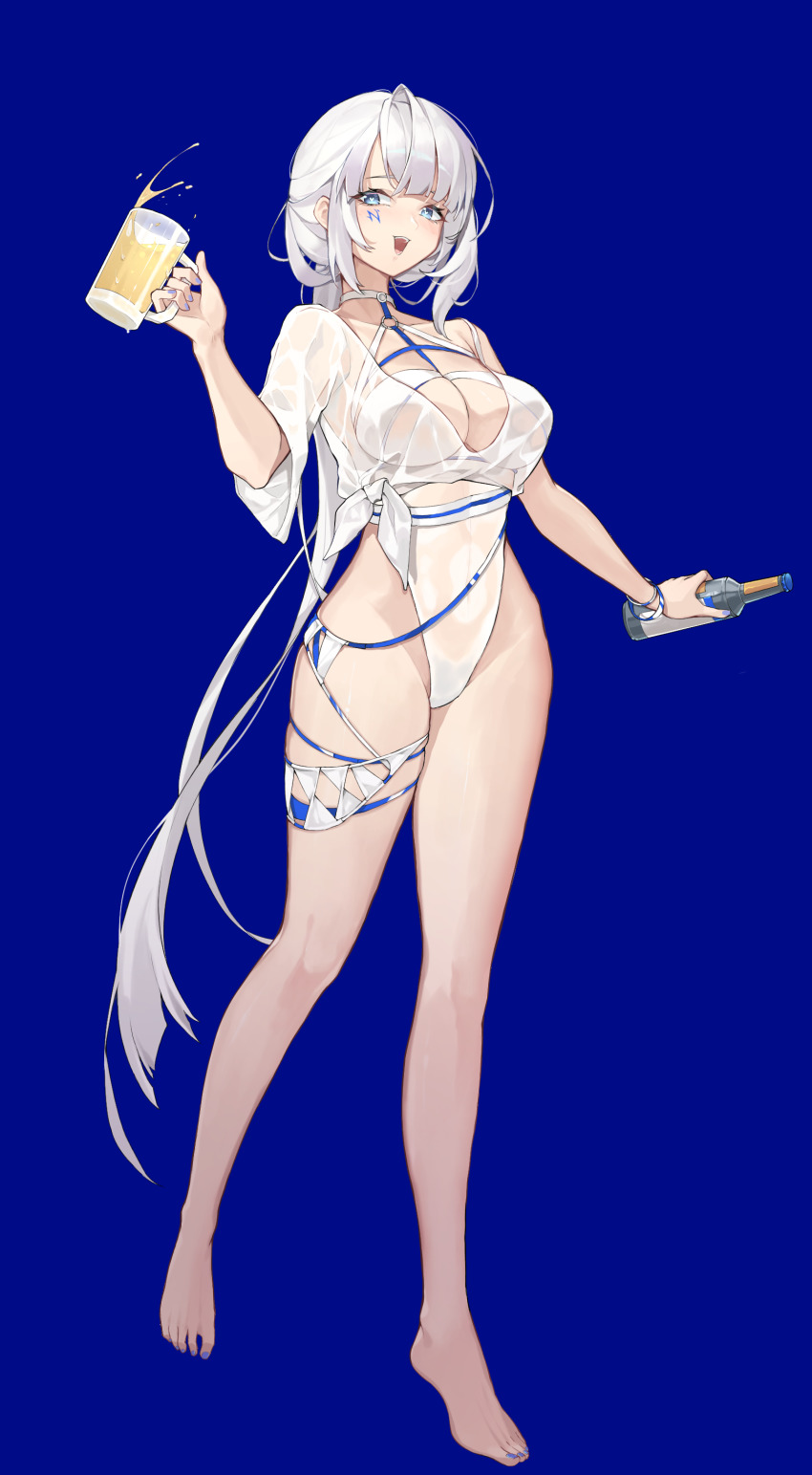 1girl, absurdres, alchemy_stars, azure_(alchemy_stars), azure_(warm_night_air)_(alchemy_stars), beer_mug, blue_eyes, bottle