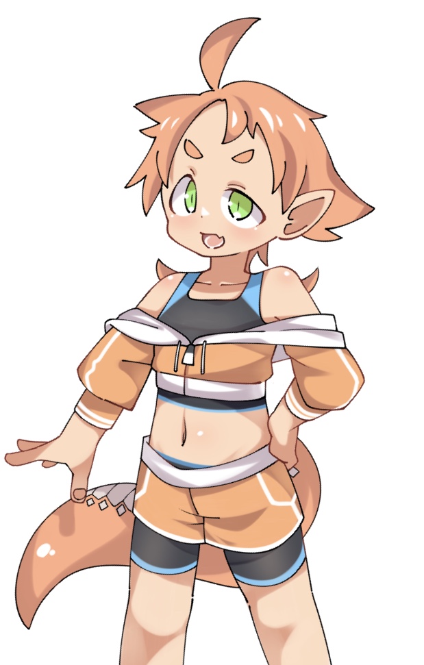 1girl, ahoge, bare_shoulders, bike_shorts, black_shorts, borrowed_character, brown_shorts, collarbone