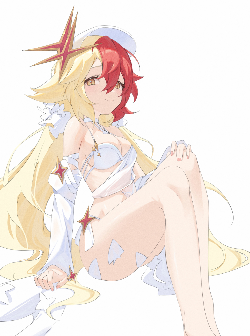 +_+, 1girl, absurdres, alchemy_stars, bare_shoulders, bikini, blonde_hair, blush