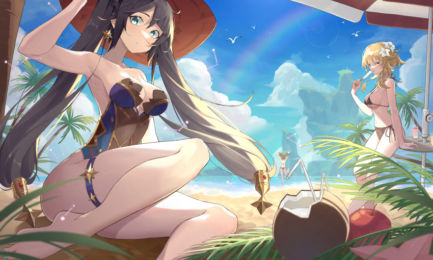 3girls, absurdres, apple, arm_up, bare_shoulders, barefoot, beach, beach_umbrella, bikini, bird, black_bikini, black_hair, blonde_hair, breasts, cleavage, closed_mouth, cloud, cup, day, flower, food, fruit, genshin_impact, green_eyes, hair_flower, hair_ornament, hat, highres, lens_flare, leotard, lingyu_ovo, looking_at_viewer, lumine_(genshin_impact), medium_breasts, medium_hair, micro_bikini, mona_(genshin_impact), multiple_girls, outdoors, palm_tree, popsicle, rainbow, rock, running, sand, sitting, solo_focus, standing, swimsuit, table, thigh_strap, tongue, tongue_out, tree, twintails, umbrella, water, xinyan_(genshin_impact), yellow_eyes
