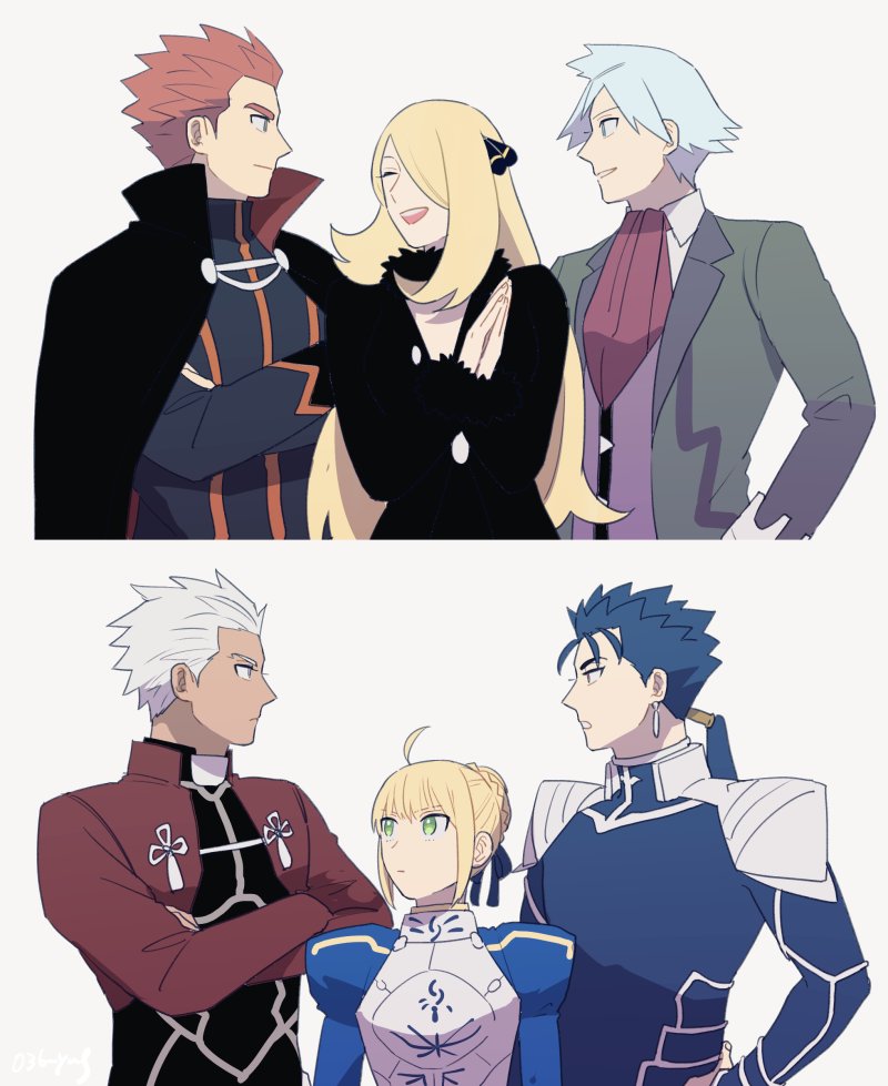2girls, 4boys, :d, ahoge, archer_(fate), armor, artoria_pendragon_(fate), black_cape