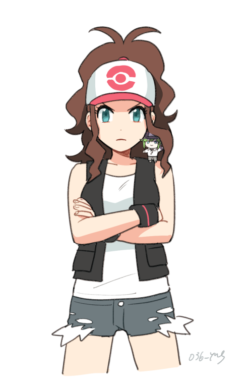 1boy, 1girl, antenna_hair, baseball_cap, black_vest, brown_hair, chibi, closed_mouth