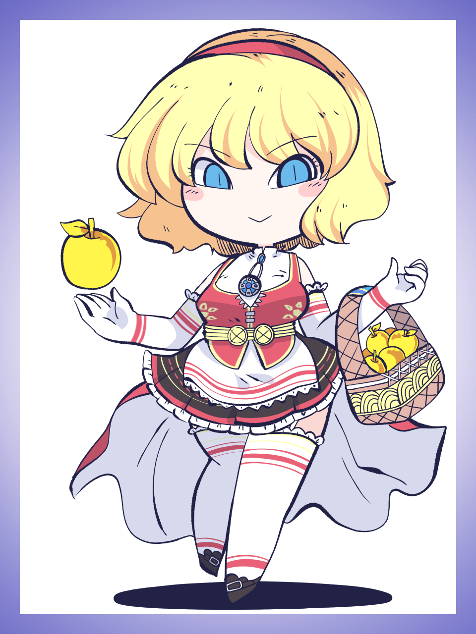1girl, alice_margatroid, apple, basket, black_skirt, blonde_hair, blue_eyes, border