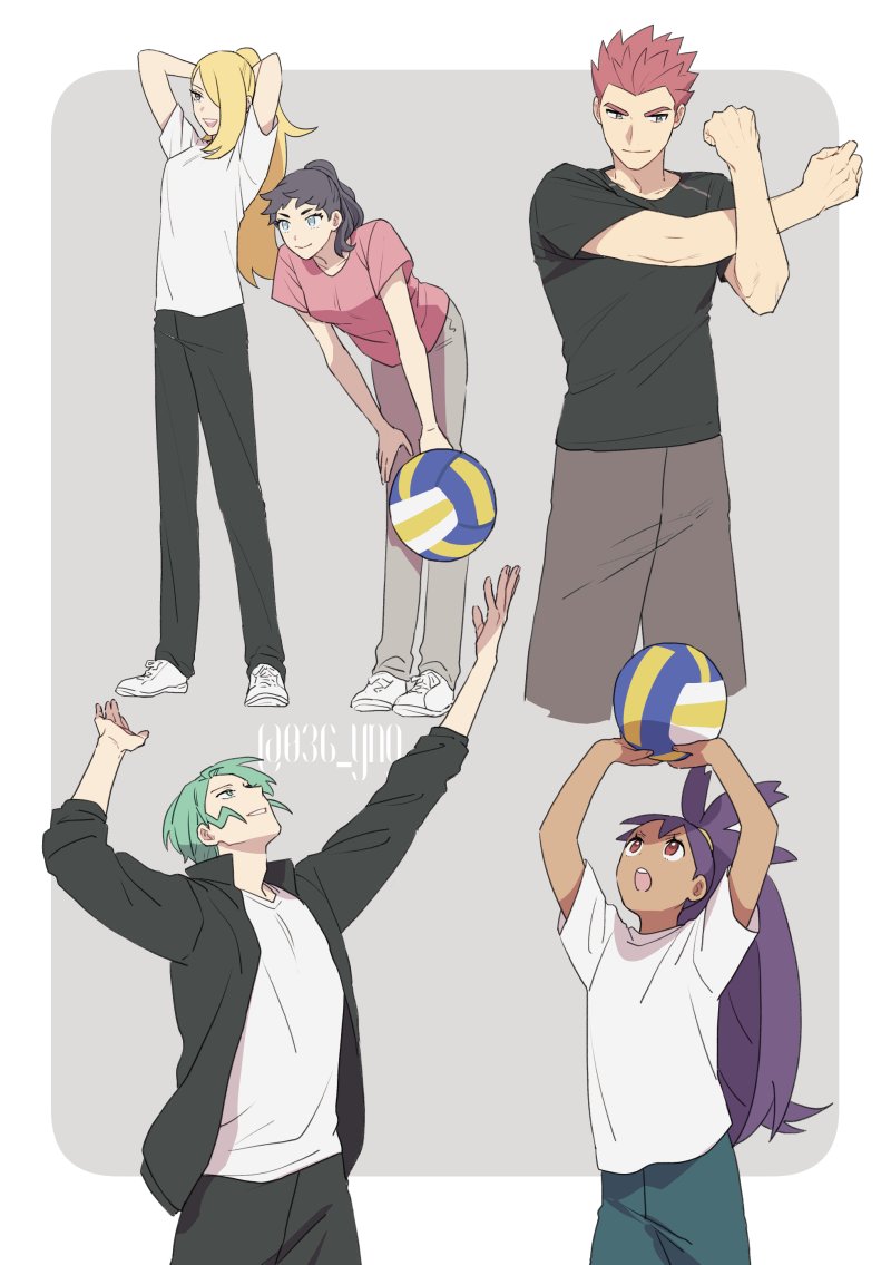 2boys, 3girls, :o, alternate_costume, alternate_hairstyle, arms_up, ball, blonde_hair