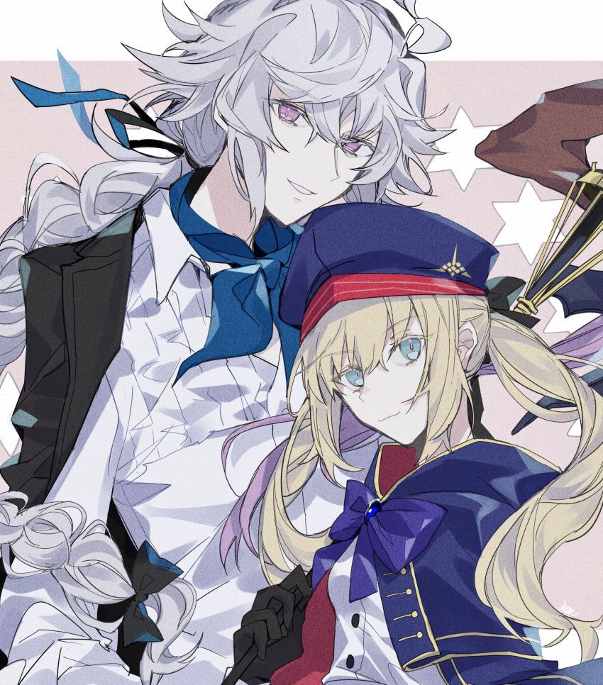 1boy, 1girl, absurdres, ahoge, artoria_caster_(fate), artoria_caster_(second_ascension)_(fate), artoria_pendragon_(fate), beret