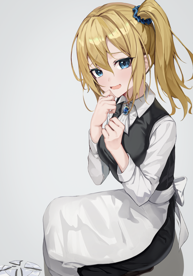 1girl, apron, blonde_hair, blue_eyes, breasts, broken_plate, brooch, commission