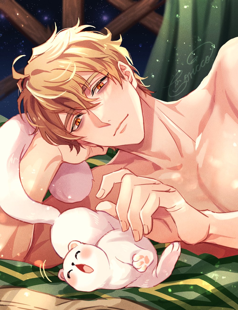 1boy, abs, blonde_hair, brown_hair, highres, looking_at_viewer, male_focus, mobugorilla