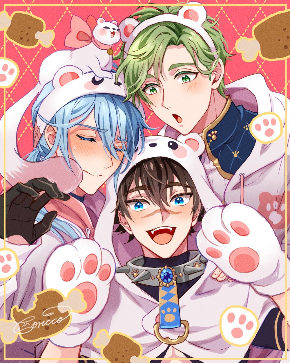 3boys, animal_ears, blue_eyes, blue_hair, brown_hair, edmond_(nu_carnival), garu_(nu_carnival), green_eyes