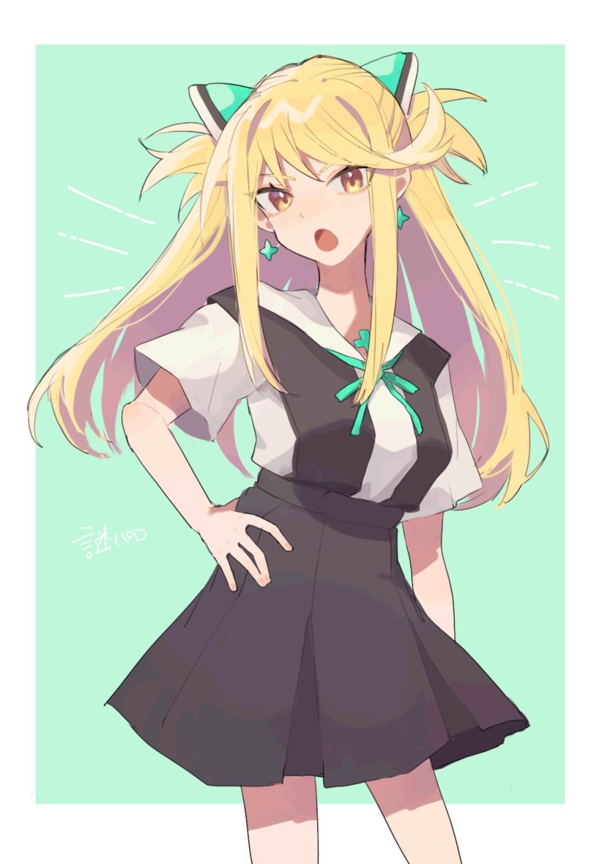 1girl, :d, black_dress, blonde_hair, bow, cheese_dakke, collared_shirt, dress
