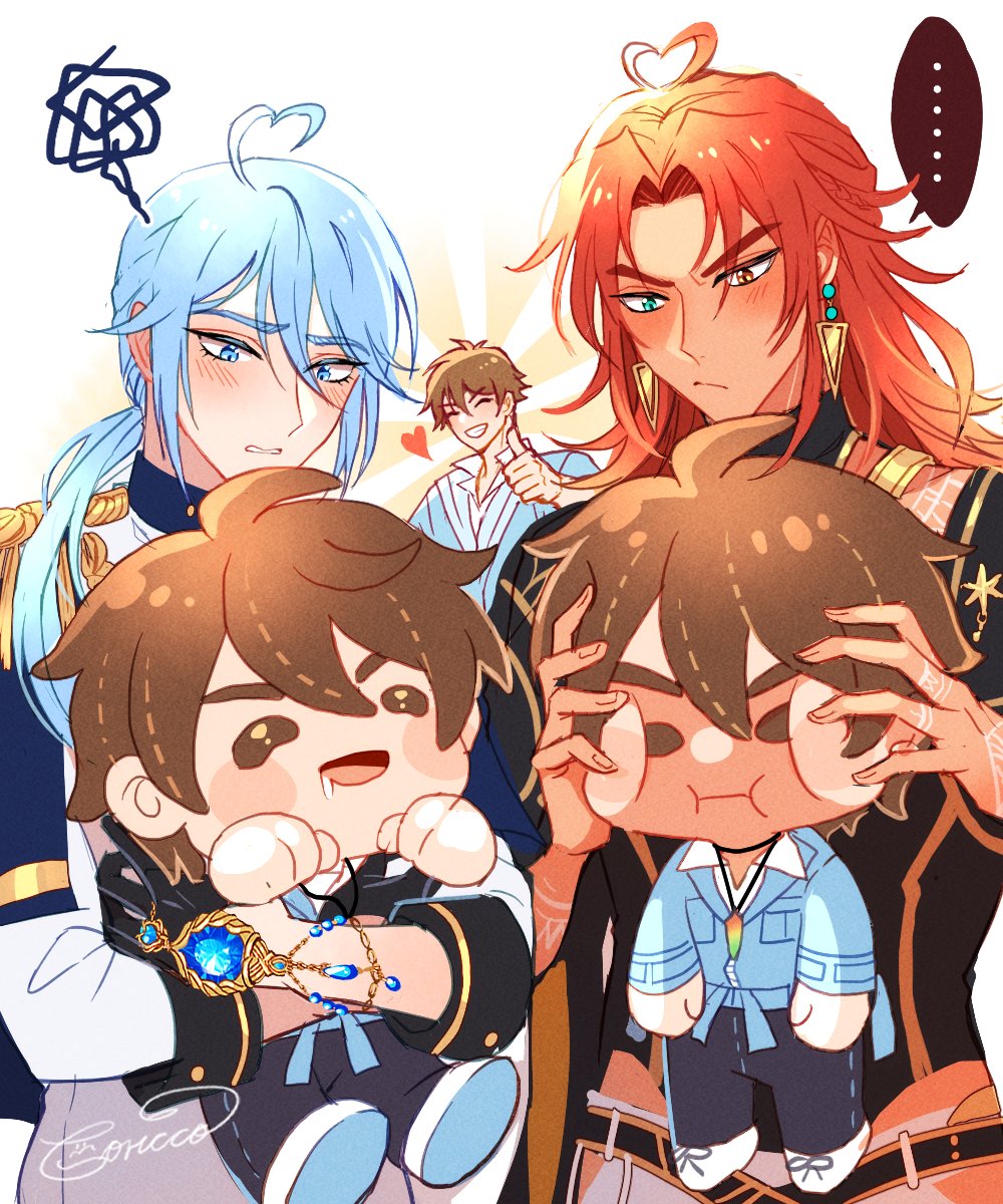 3boys, aqua_eyes, blue_eyes, blue_hair, blush, brown_eyes, brown_hair, dante_(nu_carnival)