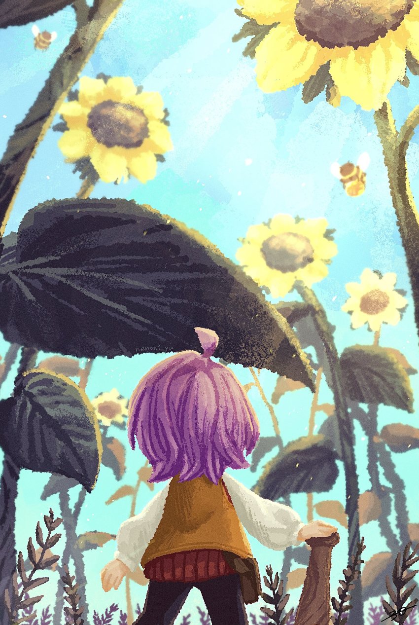 1girl, absurdres, ahoge, baseball_bat, bee, belt_pouch, black_pants, blue_sky