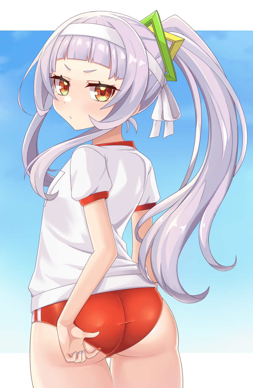 1girl, absurdres, adjusting_buruma, adjusting_clothes, aksk_(kuma_akasaka), alternate_hairstyle, angry, ass, blunt_bangs, blush, buruma, embarrassed, from_behind, from_side, grey_hair, gym_shirt, gym_uniform, headband, high_ponytail, highres, hololive, long_hair, looking_at_viewer, looking_back, murasaki_shion, ponytail, red_buruma, shirt, short_eyebrows, short_sleeves, sidelocks, solo, t-shirt, twisted_torso, underbutt, virtual_youtuber, white_headband, white_shirt, yellow_eyes