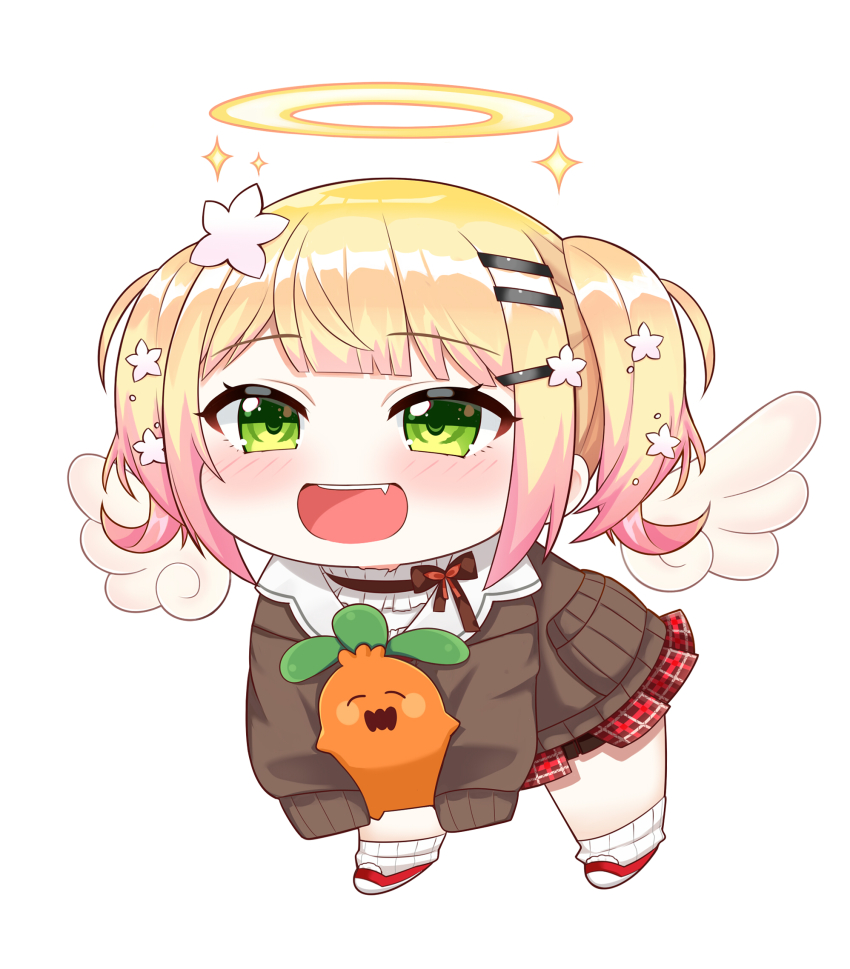 aksk_(kuma_akasaka), angel, angel_wings, blonde_hair, brown_cardigan, cardigan, chibi, flower