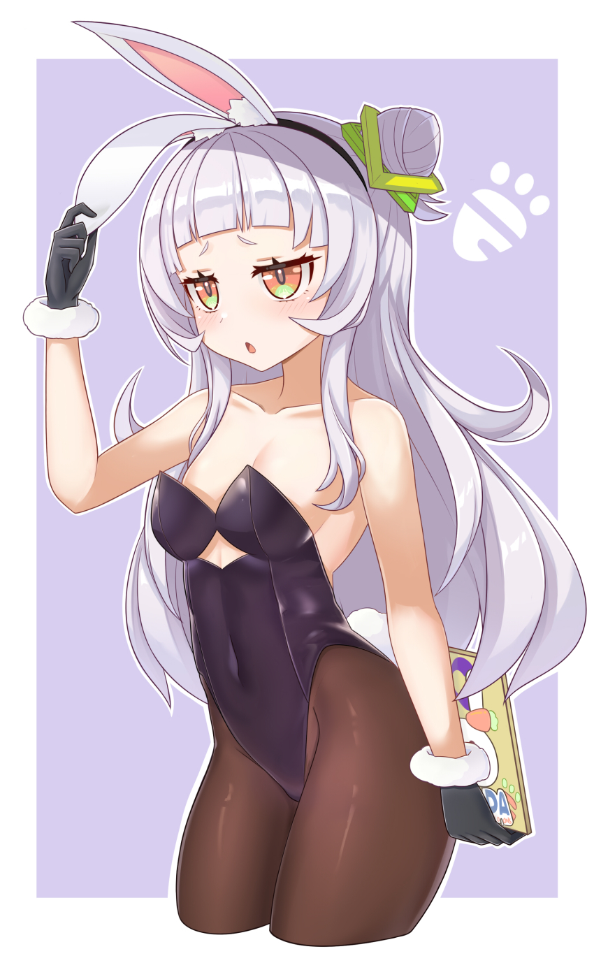 1girl, :d, absurdres, aksk_(kuma_akasaka), animal_ears, bare_shoulders, black_gloves, black_hairband