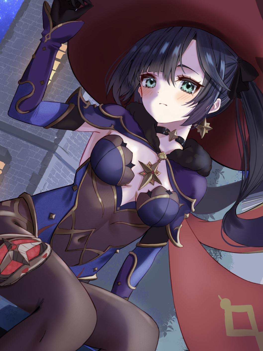 1girl, arm_up, black_choker, black_gloves, black_hair, blush, bodysuit, bodysuit_under_clothes