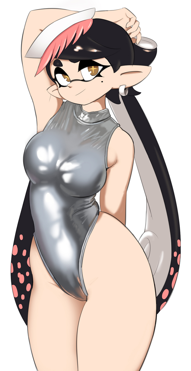 1girl, armpits, black_hair, breasts, callie_(splatoon), highleg, highleg_leotard, highres, inkling, leotard, long_hair, looking_at_viewer, medium_breasts, mole, mole_under_eye, nintendo, object_on_head, silver_leotard, skindentation, smile, solo, splatoon_(series), strapless_jumpsuit, suction_cups, tentacle_hair, very_long_hair, yellow_eyes, yuta_agc