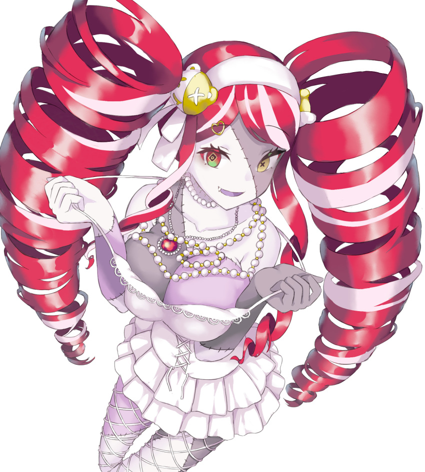 1girl, alternate_breast_size_(larger), breasts, cleavage, colored_skin, diamond-shaped_pupils, diamond_(shape), dress, drill_hair, fang, fishnet_pantyhose, fishnets, gradient_eyes, green_eyes, grey_skin, hair_ornament, hands_up, heterochromia, highres, hololive, hololive_indonesia, jewelry, kureiji_ollie, kureiji_ollie_(mafia_princess), large_breasts, long_hair, looking_at_viewer, microdress, mismatched_pupils, multicolored_eyes, multicolored_hair, multicolored_skin, necklace, open_mouth, pantyhose, patchwork_skin, pearl_necklace, pendant_choker, pink_hair, pulling_own_clothes, purple_skin, red_eyes, red_hair, sawara_noa, simple_background, smile, solo, spaghetti_strap, stitched_arm, stitched_face, stitched_leg, stitched_torso, stitches, strap_pull, symbol-shaped_pupils, twin_drills, two-tone_hair, very_long_hair, virtual_youtuber, white_background, white_skin, x-shaped_pupils, yellow_eyes, zombie